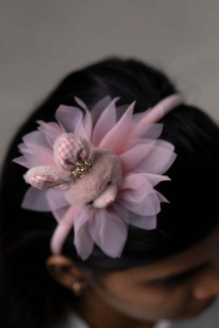 The Nesavu Hair Band Magical Pink Bunny Tulle Hairbow with Gingham Detail Nesavu Pink JHB80E Cute Bunny Hairbow with Pink Tulle | Perfect Springtime Hair Accessory | The Nesavu