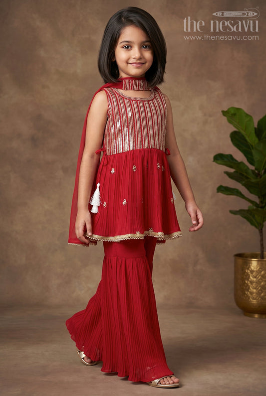 The Nesavu Girls Sharara / Plazo Set Majestic Zari Embroidered Yellow Peplum Kurti with Palazzo Suit Indian Traditional Flair Nesavu 16 (1Y) / Yellow / Georgette GPS156B-16 Zari Embroidered Kurti With Palazzo | The Nesavu