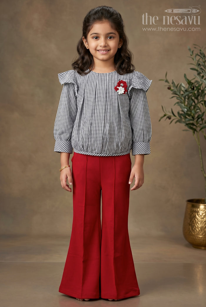 The Nesavu Girls Casual Set Maroon and Green Checked Indowestern Sharara Set for Girls Nesavu 24 (5Y) / Maroon GPS385B-24 Maroon and Green Checked Indo-Western Sharara Set for Girls - Nesavu