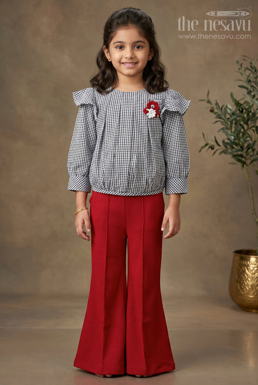 The Nesavu Girls Casual Set Maroon and Green Checked Indowestern Sharara Set for Girls Nesavu 24 (5Y) / Maroon GPS385B-24 Maroon and Green Checked Indo-Western Sharara Set for Girls - Nesavu