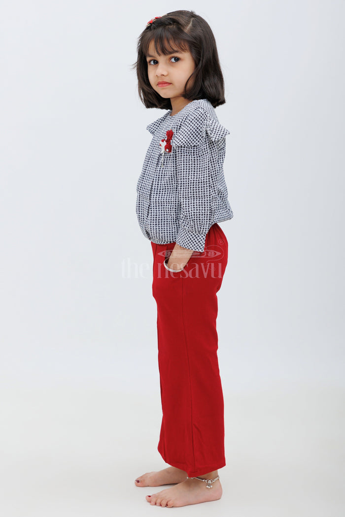 The Nesavu Girls Sharara / Plazo Set Maroon and Green Checked IndoWestern Sharara Set for Girls Nesavu Maroon and Green Checked Indo-Western Sharara Set for Girls - Nesavu