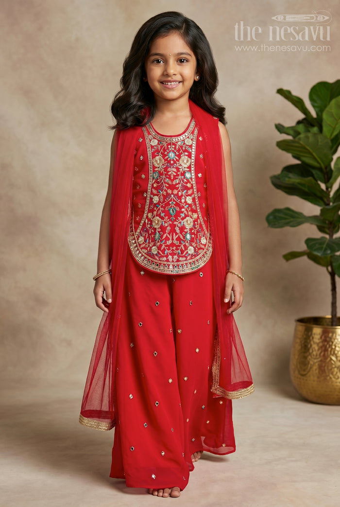 The Nesavu Girls Sharara / Plazo Set Maroon Sleeveless Girls Sharara Set with Gold Embroidery and Palazzo Pants for Festive Occasions Nesavu 24 (5Y) / Maroon GPS448B-24 Nesavu Maroon Girls Sharara Set Gold Embroidery Palazzo Pants Festive Celebrations