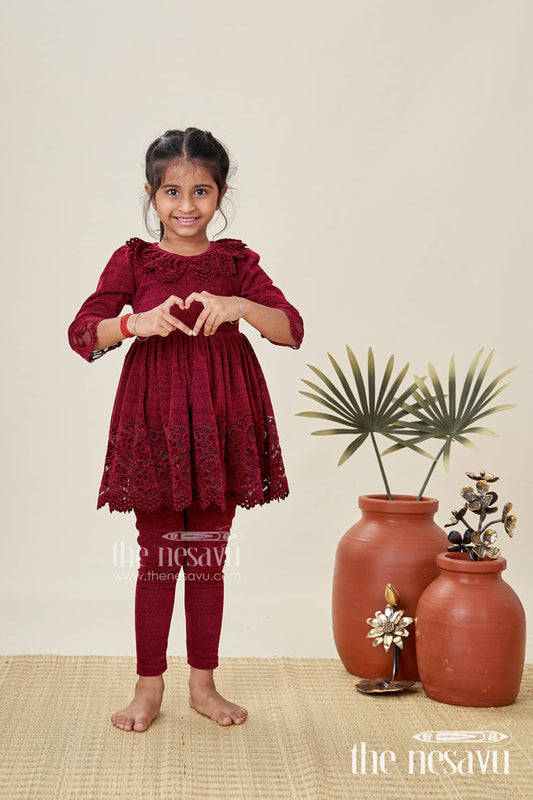 The Nesavu Girls Sharara / Plazo Set Maroon Velvet Sharara Set for Toddler Girls Ethnic Outfit with Embroidered Yoke for Weddings Nesavu 14 (6M) / Maroon GPS727A-14 Nesavu Maroon Velvet Sharara Set Toddler Girls Ethnic Outfit Embroidered Yoke Weddings
