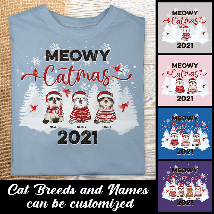 Meowy Catmas, Pine Forest & Cardinal Birds, Personalized Cat Breeds T-shirt, T-shirt For Cat Lovers