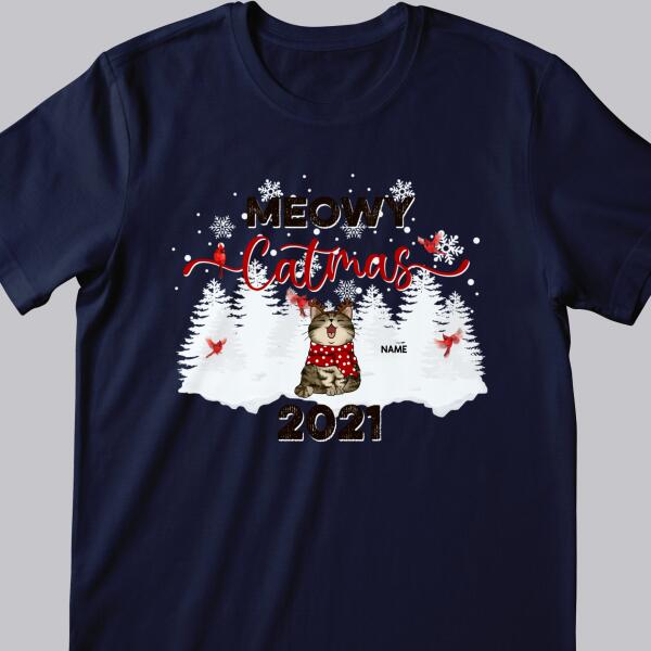 Meowy Catmas, Pine Forest & Cardinal Birds, Personalized Cat Breeds T-shirt, T-shirt For Cat Lovers
