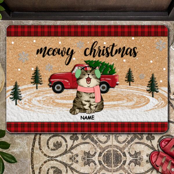Meowy Christmas, Red Truck And Christmas Tree, Personalized Cat Breeds Doormat, Xmas Home Decor