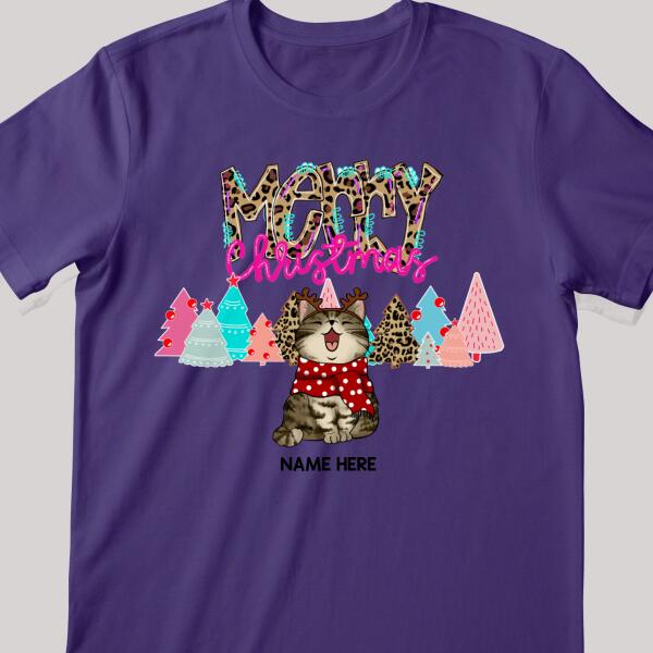 Merry Christmas Leopard, Christmas Cat With Pine Trees, Personalized Cat Christmas T-shirt