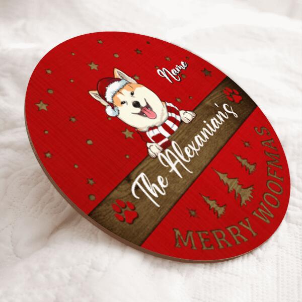 Merry Woofmas Door Hanger, Personalized Dog Breeds And Family Name Door Sign, Xmas Gifts For Dog Lovers