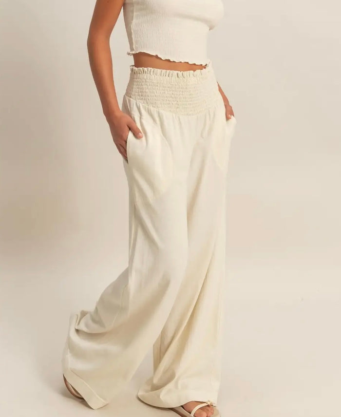 Mineral Washed Wide-Leg Smocked Waist Pants