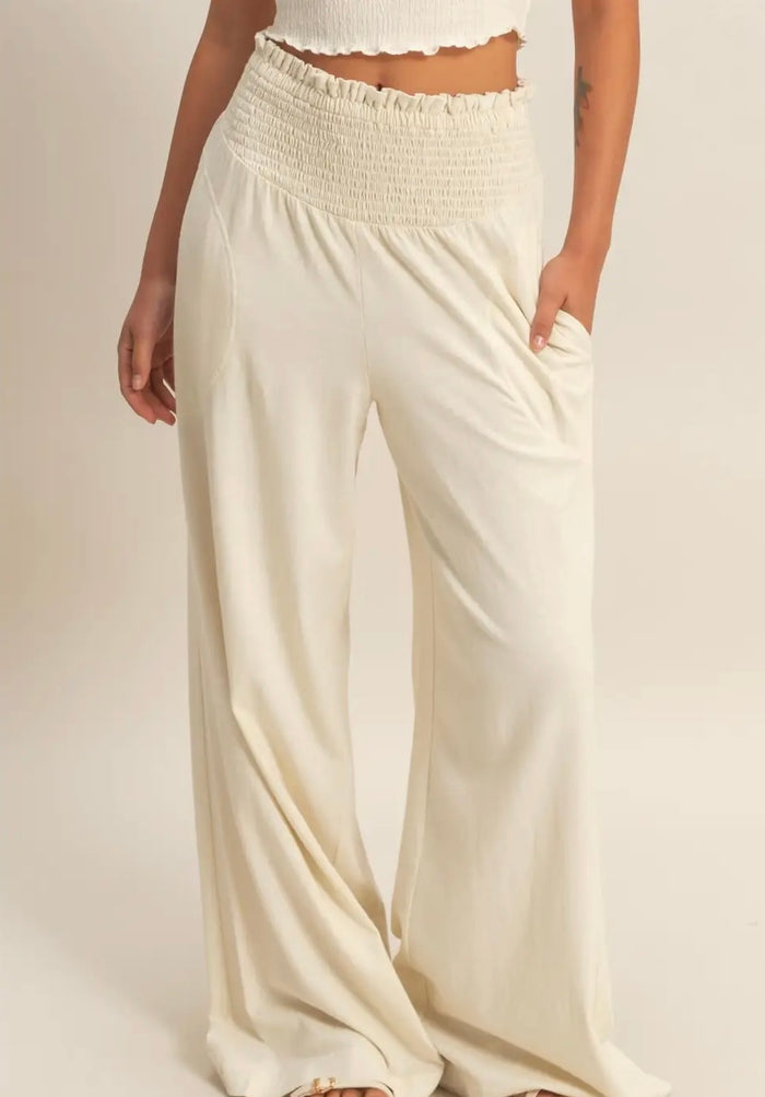 Mineral Washed Wide-Leg Smocked Waist Pants