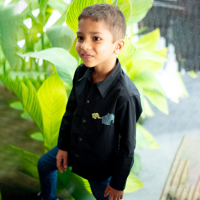 Mini Elephants Embroidered Organic Cotton Shirt - Black (1-14 Years)