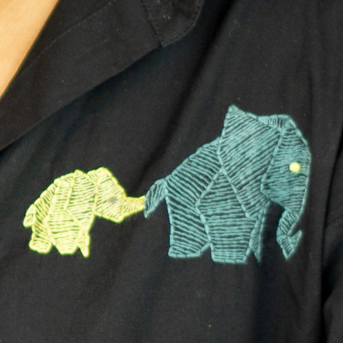 Mini Elephants Embroidered Organic Cotton Shirt - Black (1-14 Years)