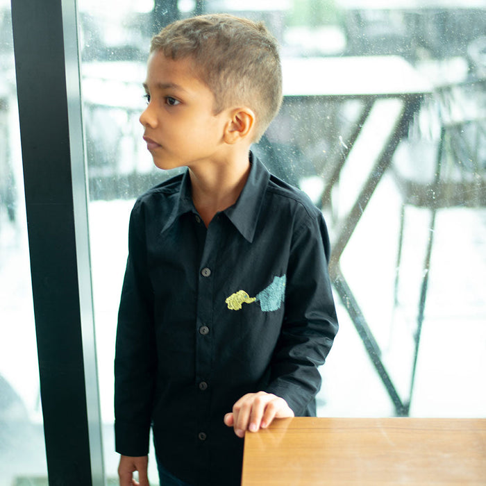 Mini Elephants Embroidered Organic Cotton Shirt - Black (1-14 Years)