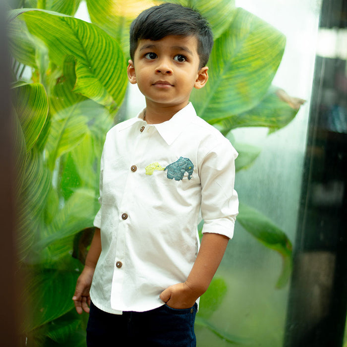 Mini Elephants Embroidered Organic Cotton Shirt - White (1-14 Years)