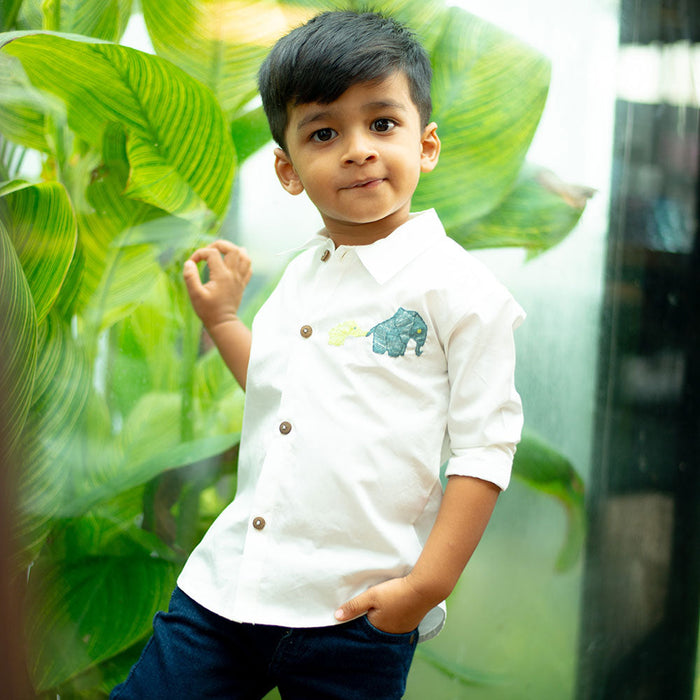 Mini Elephants Embroidered Organic Cotton Shirt - White (1-14 Years)