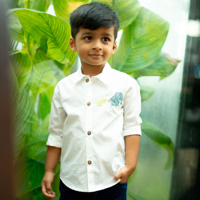 Mini Elephants Embroidered Organic Cotton Shirt - White (1-14 Years)