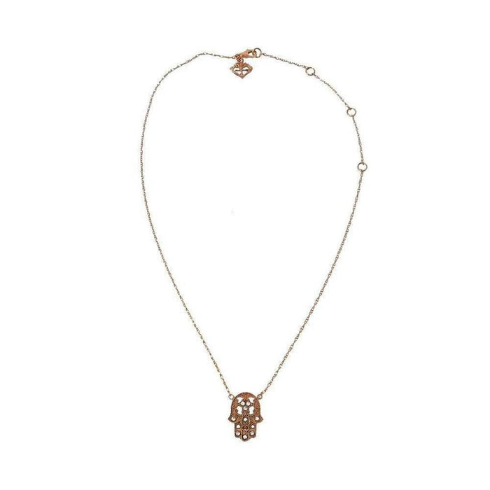 Rose gold hamsa necklace with delicate chain.