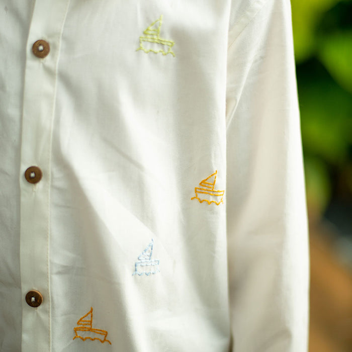 Mini Sail Boats Embroidered Organic Cotton Shirt - White (1-14 Years)