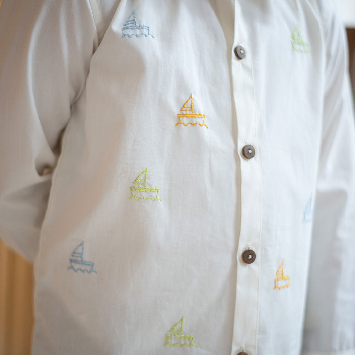 Mini Sail Boats Embroidered Organic Cotton Shirt - White (1-14 Years)