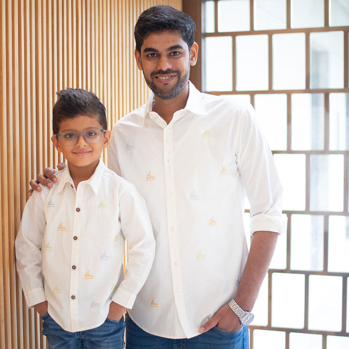 Mini Sail Boats Embroidered Organic Cotton Shirt - White (1-14 Years)