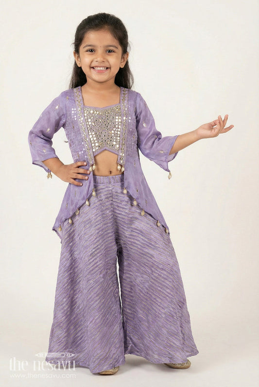 The Nesavu Girls Sharara / Plazo Set Mirror Embroidered Sharara Set for Girls In Viscose Georgette Ethnic Glam for Weddings Nesavu 24 (5Y) / Purple GPS891A-24 Nesavu girls viscose georgette sharara set mirror work festive wedding outfit kids