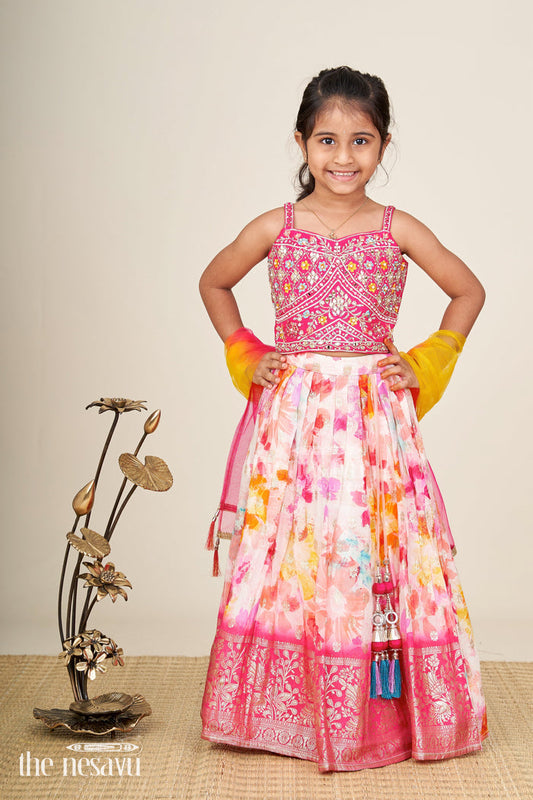The Nesavu Girls Lehenga Choli Mirror Work Lehenga For Girls Festival Partywear Set Nesavu 16 (1Y) / Pink GL669A-16 Nesavu Girls Mirror Work Lehenga Choli Set Pink Multicolor Floral Printed Skirt Party Wear