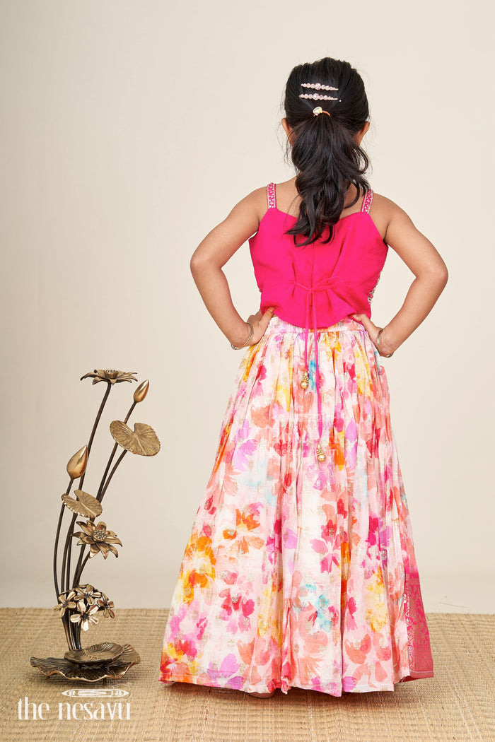 The Nesavu Girls Lehenga Choli Mirror Work Lehenga For Girls Festival Partywear Set Nesavu Nesavu Girls Mirror Work Lehenga Choli Set Pink Multicolor Floral Printed Skirt Party Wear