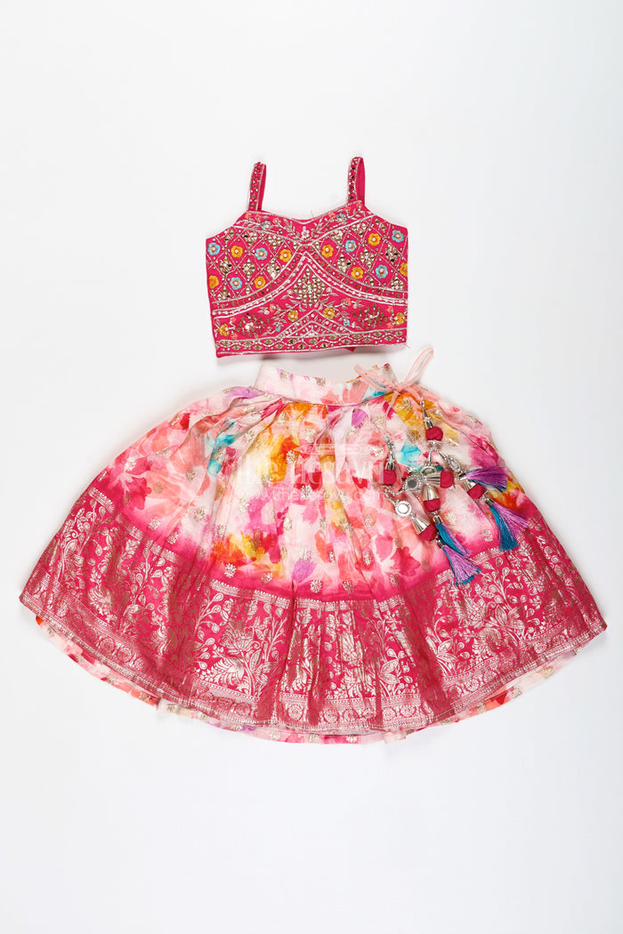 The Nesavu Girls Lehenga Choli Mirror Work Lehenga for Girls Festival Partywear Set Nesavu Nesavu Girls Mirror Work Lehenga Choli Set Pink Multicolor Floral Printed Skirt Party Wear