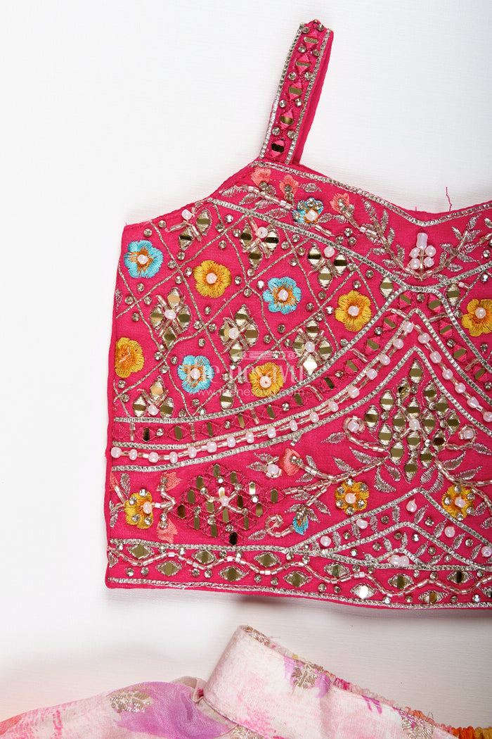 The Nesavu Girls Lehenga Choli Mirror Work Lehenga for Girls Festival Partywear Set Nesavu Nesavu Girls Mirror Work Lehenga Choli Set Pink Multicolor Floral Printed Skirt Party Wear