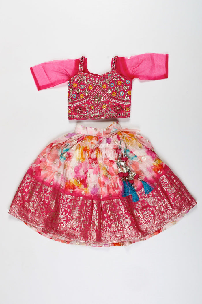 The Nesavu Girls Lehenga Choli Mirror Work Lehenga for Girls Festival Partywear Set Nesavu Nesavu Girls Mirror Work Lehenga Choli Set Pink Multicolor Floral Printed Skirt Party Wear