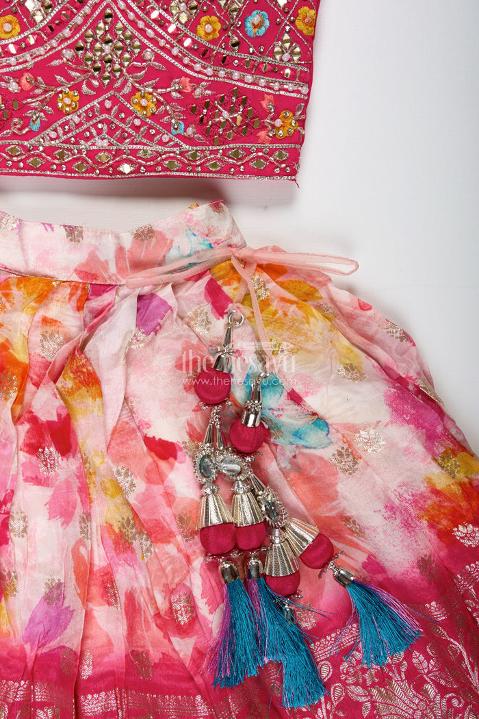 The Nesavu Girls Lehenga Choli Mirror Work Lehenga for Girls Festival Partywear Set Nesavu Nesavu Girls Mirror Work Lehenga Choli Set Pink Multicolor Floral Printed Skirt Party Wear
