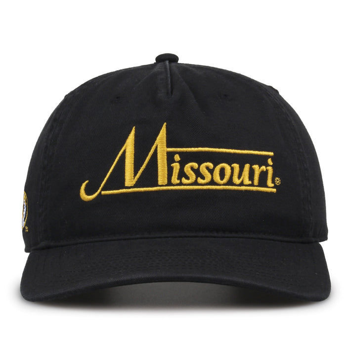 Missouri Tigers Original Heritage Bar Snapback in black, front view of embroidered school script and bar design