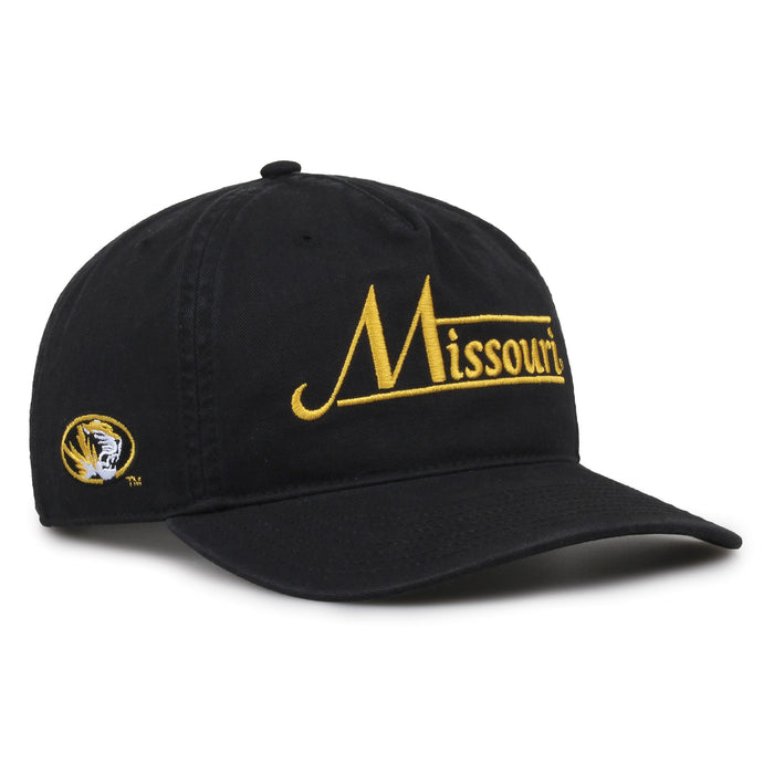 Missouri Tigers Original Heritage Bar Snapback in black, angled view showing matching crown and brim