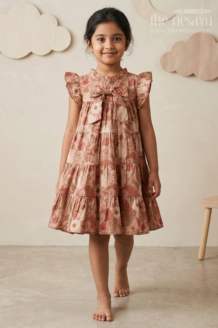 The Nesavu Girls Cotton Frock Modal Silk Frocks for Kids in Floral Printed Blend with Frill Sleeves and Soft Flared Layers Nesavu 18 (2Y) / Brown GFC1695B-18 Modal Silk Frocks Kids Floral Digital Print Ruffle Sleeves Breathable Modal Silk Blend | The Nesavu