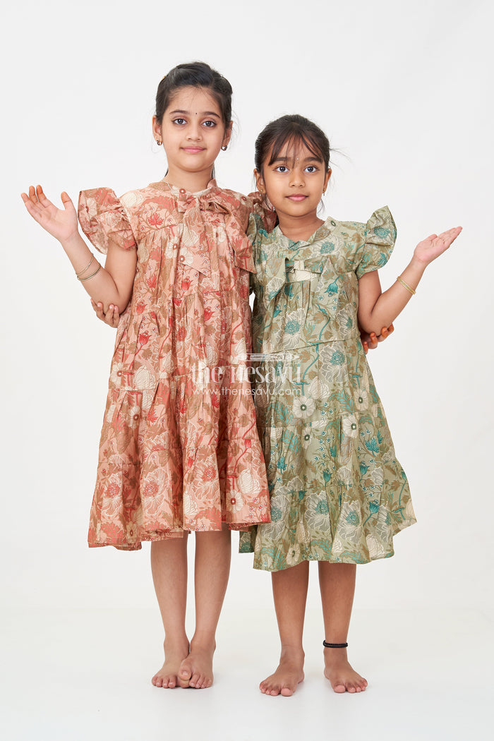 The Nesavu Girls Cotton Frock Modal Silk Frocks for Kids in Floral Printed Blend with Frill Sleeves and Soft Flared Layers Nesavu Nesavu Modal Silk Frocks Kids Floral Digital Print Ruffle Sleeves Breathable Modal Silk Blend