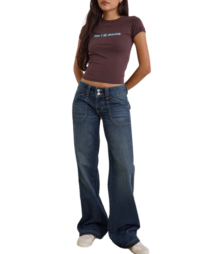 Motel Rocks Juniors Low Rise Relaxed Cargo Jeans Mid Blue Tint Womens Denim Motel Rocks Denim Juniors/Women 24/30