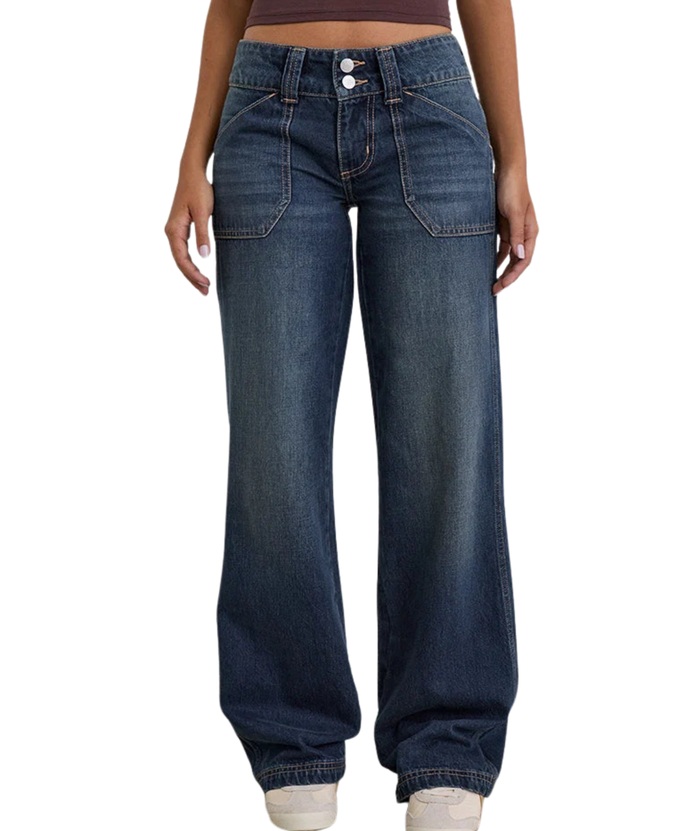 Motel Rocks Juniors Low Rise Relaxed Cargo Jeans Mid Blue Tint Womens Denim Motel Rocks