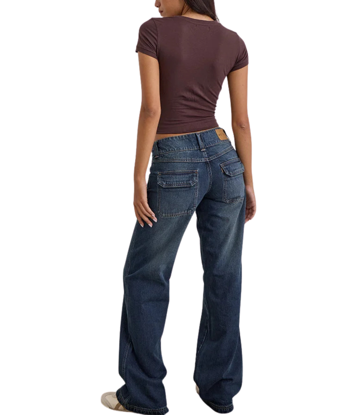 Motel Rocks Juniors Low Rise Relaxed Cargo Jeans Mid Blue Tint Womens Denim Motel Rocks