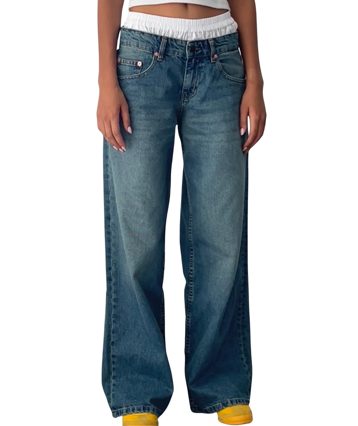 Motel Rocks Juniors Roomy Extra Wide Low Rise Jeans Vintage Blue Green Womens Denim Motel Rocks