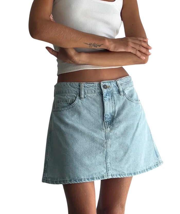 Motel Rocks Women Mini A-Line Skirt Blue Bleach Distressed/seasonal womens Motel Rocks