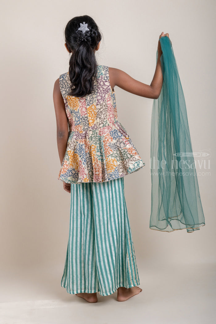 The Nesavu Girls Sharara / Plazo Set Multi-Colour Floral Printed Peplum Pattern Kurti with Green Striped Palazzo Pant for Girls Nesavu Shop Multi-Colour Floral Printed Peplum Pattern Kurti with Green Striped Palazzo Pant for Girls | Designer Ethnic Wear | The Nesavu