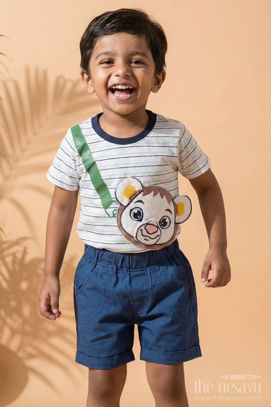 The Nesavu Boys Casual Set Multicolor Striped T-Shirt and Navy Blue Shorts Baby Casual Set with Lion Face for Boys Nesavu 12 (3M) / Multicolor BCS140A-12 Striped Green Black T-Shirt Lion Face Navy Blue Shorts Baby Set Nesavu Boys Adventure Outfit