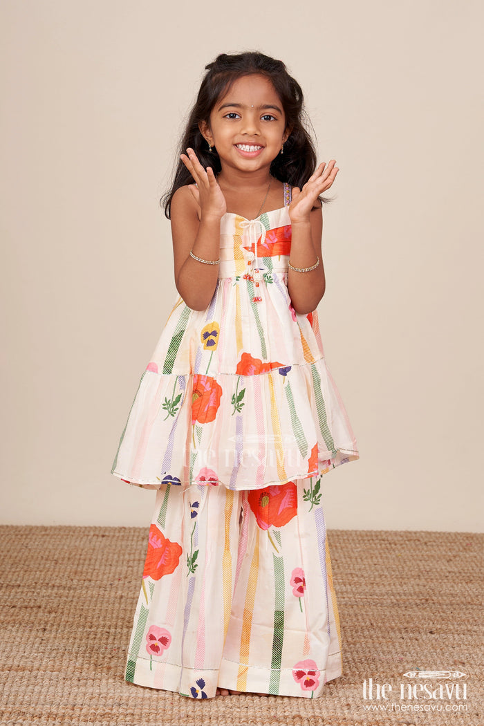 The Nesavu Girls Sharara / Plazo Set Muslin Silk Ethnic Set for Girls with Layered Top and Printed Plazo Nesavu 18 (2Y) / Cream GPS774A-18 Nesavu girls layered muslin silk ethnic set printed plazo  ideal festivals school ethnic days