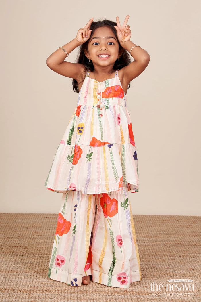 The Nesavu Girls Sharara / Plazo Set Muslin Silk Ethnic Set for Girls with Layered Top and Printed Plazo Nesavu Nesavu girls layered muslin silk ethnic set printed plazo  ideal festivals school ethnic days
