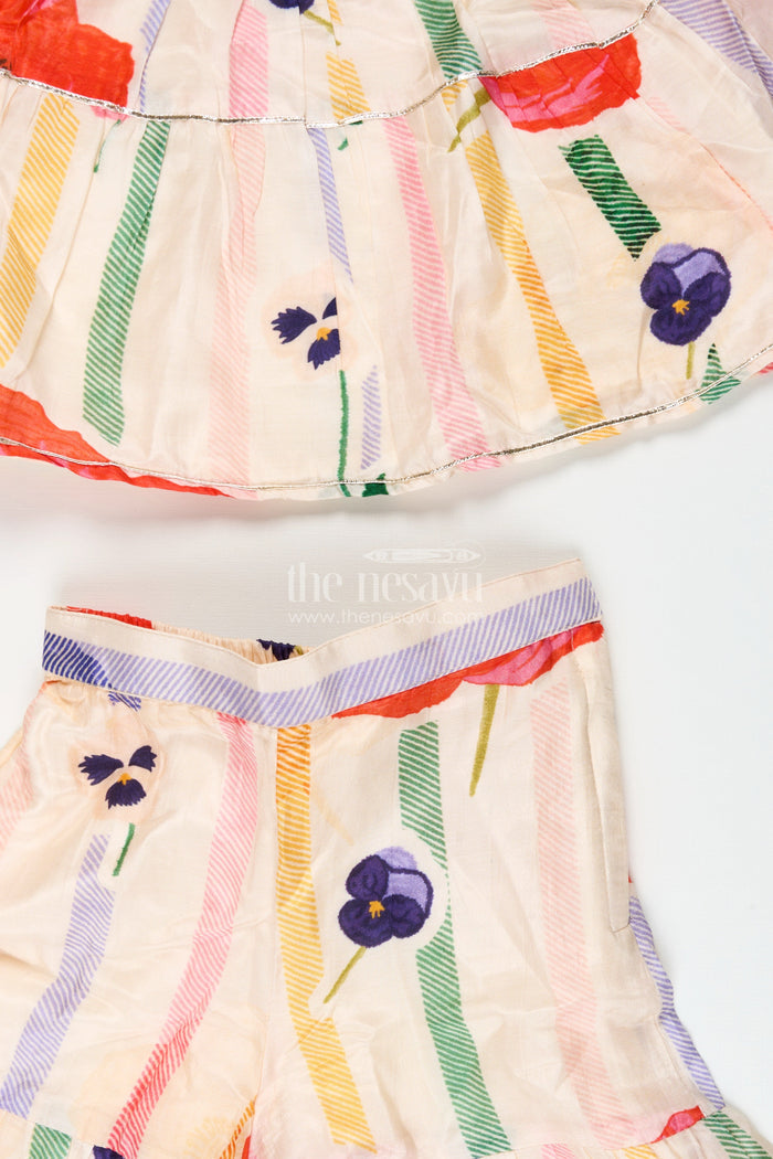 The Nesavu Girls Sharara / Plazo Set Muslin Silk Ethnic Set for Girls with Layered Top and Printed Plazo Nesavu Nesavu girls layered muslin silk ethnic set printed plazo  ideal festivals school ethnic days