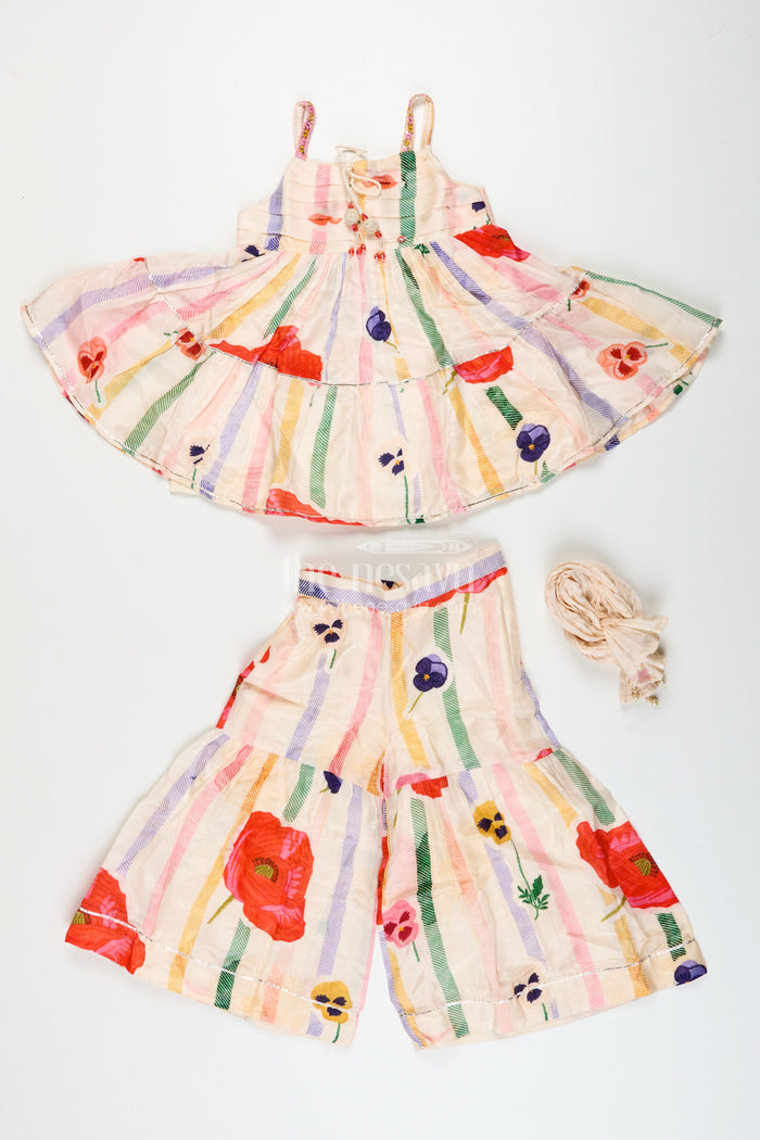 The Nesavu Girls Sharara / Plazo Set Muslin Silk Ethnic Set for Girls with Layered Top and Printed Plazo Nesavu Nesavu girls layered muslin silk ethnic set printed plazo  ideal festivals school ethnic days