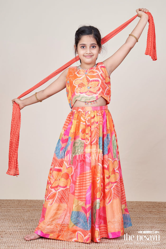 The Nesavu Girls Lehenga Choli Muslin Silk Lehenga Choli for Girls with Vibrant Print for Festive Dressing Nesavu Nesavu girls festive lehenga choli printed muslin silk  perfect birthdays cultural functions