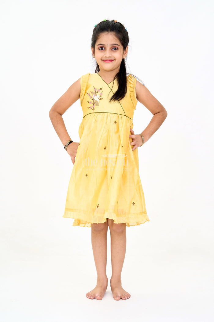 The Nesavu Girls Chanderi Frock Mustard Chanderi Cotton Frock for Girls with Bird Embroidery – Festive and Casual Dress Nesavu 12 (3M) / Yellow GFC1446A-12 Mustard Chanderi Cotton Frock Girls Bird Embroidery Perfect Festive Events Nesavu