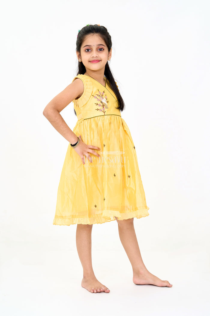The Nesavu Girls Chanderi Frock Mustard Chanderi Cotton Frock for Girls with Bird Embroidery – Festive and Casual Dress Nesavu Mustard Chanderi Cotton Frock Girls Bird Embroidery Perfect Festive Events Nesavu