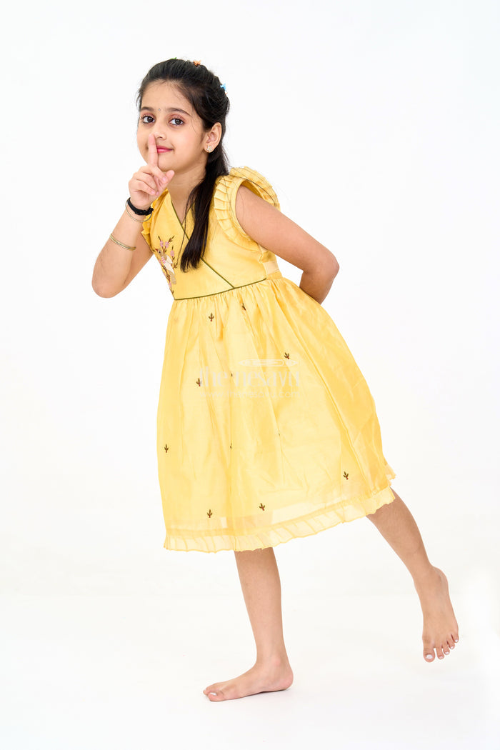The Nesavu Girls Chanderi Frock Mustard Chanderi Cotton Frock for Girls with Bird Embroidery – Festive and Casual Dress Nesavu Mustard Chanderi Cotton Frock Girls Bird Embroidery Perfect Festive Events Nesavu